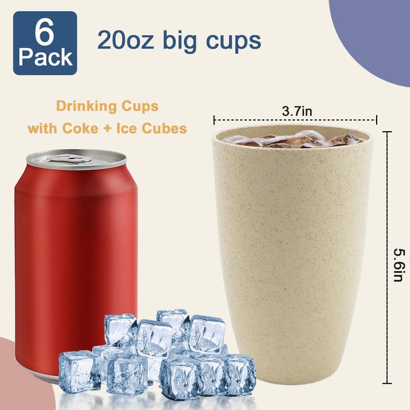 BUSOKIP Wheat Straw Cups 20 OZ Large Capacity Set of 6 Unbreakable Drinking Cups Reusable Alternative to Plastic CupSet Dishwasher Safe Cups for Kitchen Water Tumblers Beige - Image 3
