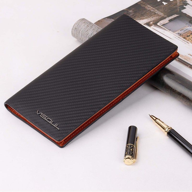 VISOUL Mens Billfold Long Checkbook Wallet Leather with RFID Blocking, Large Bifold Secretary Cash Wallet Tall with 12 Card Slots for Men (Black+Orange) - Image 5
