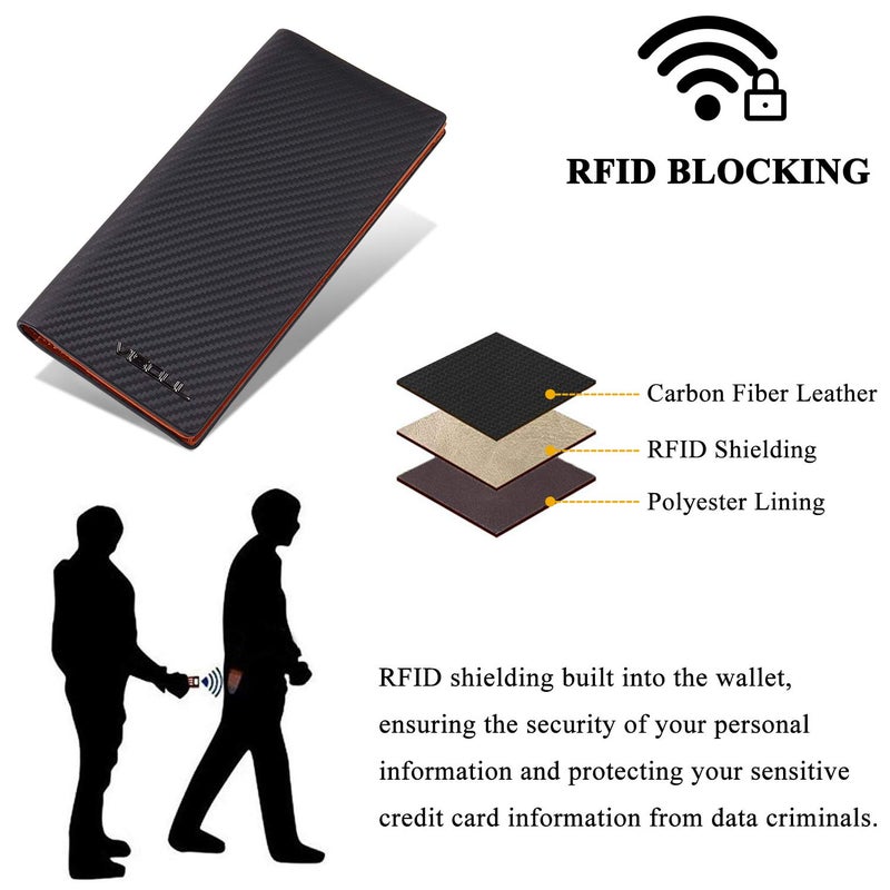 VISOUL Mens Billfold Long Checkbook Wallet Leather with RFID Blocking, Large Bifold Secretary Cash Wallet Tall with 12 Card Slots for Men (Black+Orange) - Image 4
