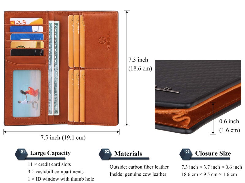 VISOUL Mens Billfold Long Checkbook Wallet Leather with RFID Blocking, Large Bifold Secretary Cash Wallet Tall with 12 Card Slots for Men (Black+Orange) - Image 3
