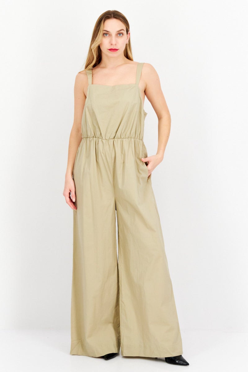 HALSTON Women Solid Sleeveless Jumpsuits, Tan - Image 1