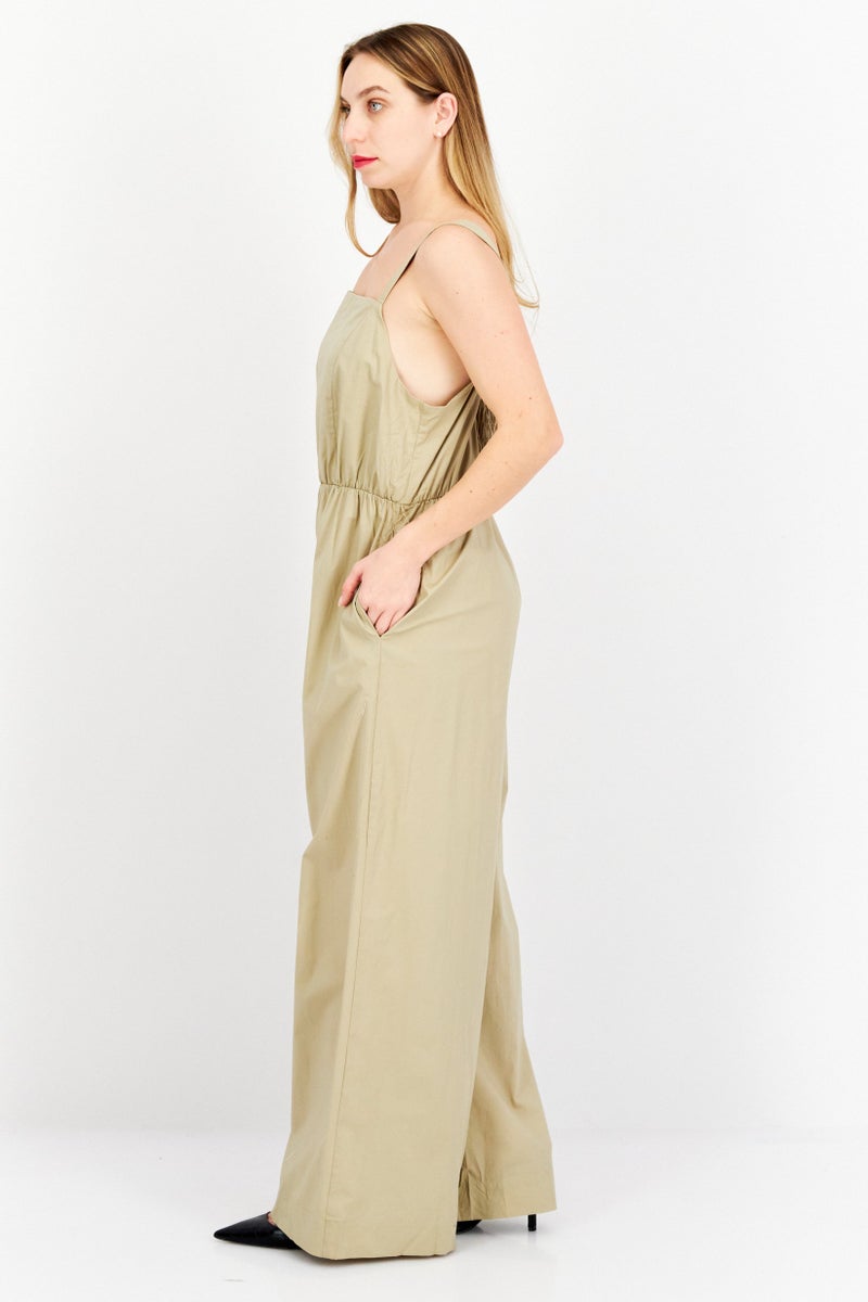 HALSTON Women Solid Sleeveless Jumpsuits, Tan - Image 4