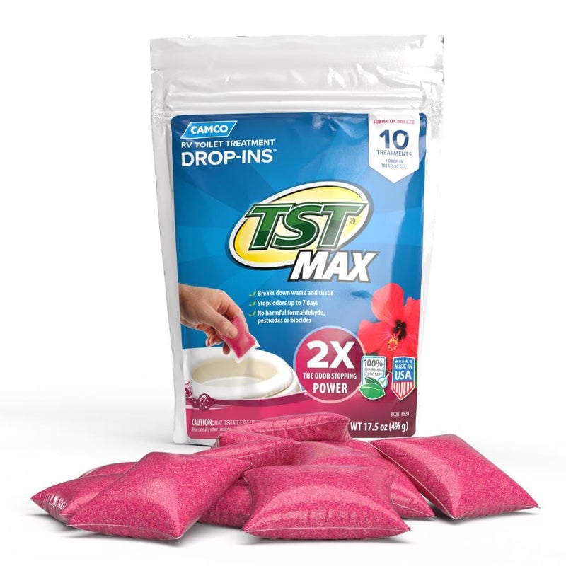 Camco TST MAX RV Toilet Treatment DropINs Control Unwanted Odors and Break Down Waste and Tissue Septic Tank Safe Hibiscus Breeze Scent 10pack 41603 - Image 3