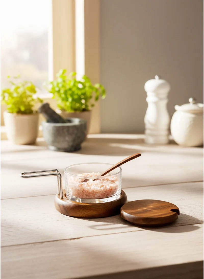 بيلي وعاء تخزين توابل بغطاء وملعقة وقاعدة خشبية