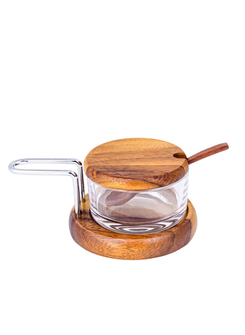 BILLI Glass Spice Jar Condiment Pot Storage Jar with Wooden Lid, Spoon, Wooden Base Glass Canisters Seasoning Box for Condiment, Salt, Sugar, Herb, Brown, ACA-60X - Image 5