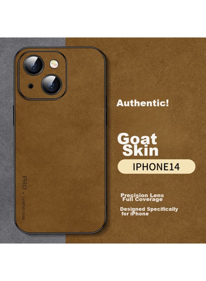 شانجزو Shangsu Iphone 14 Case, غطاء Apple 14 الواقي، مقاوم للصدمات، حماية كاملة للعدسة، غلاف من جلد الحمل الفاخر والناعم، للنساء والرجال، غطاء جلدي، لون الكاكي - Image 1