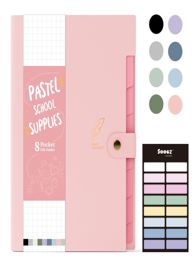Sooez Aesthetic 8 Pocket Accordion File Organizer, Pastels Expanding File Folder for Important Document with Labels, Portable Receipt Bill Paper Organizer for Office School Supplies, Letter Size Pink - Image 1