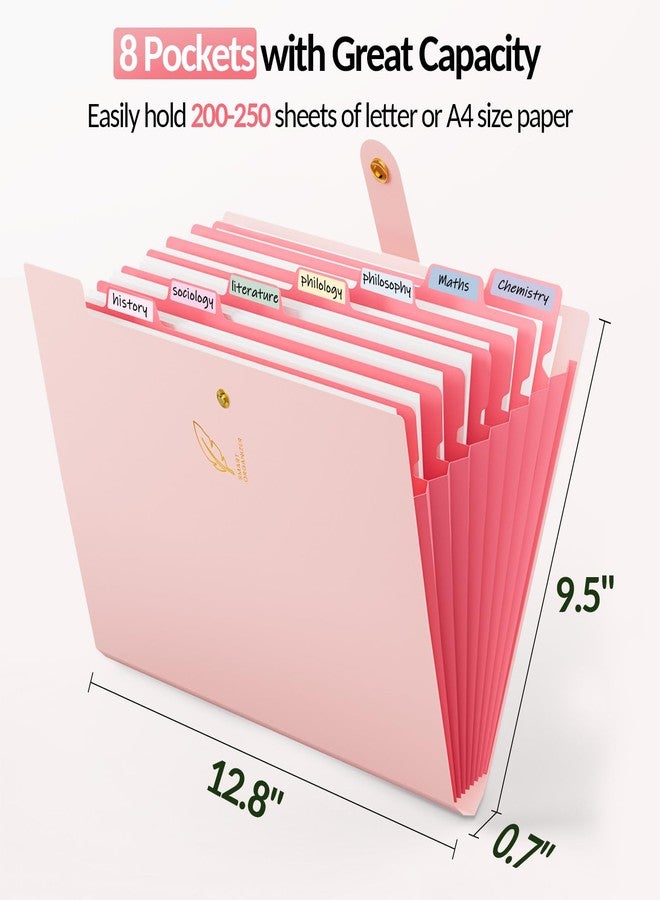 Sooez Aesthetic 8 Pocket Accordion File Organizer, Pastels Expanding File Folder for Important Document with Labels, Portable Receipt Bill Paper Organizer for Office School Supplies, Letter Size Pink - Image 4
