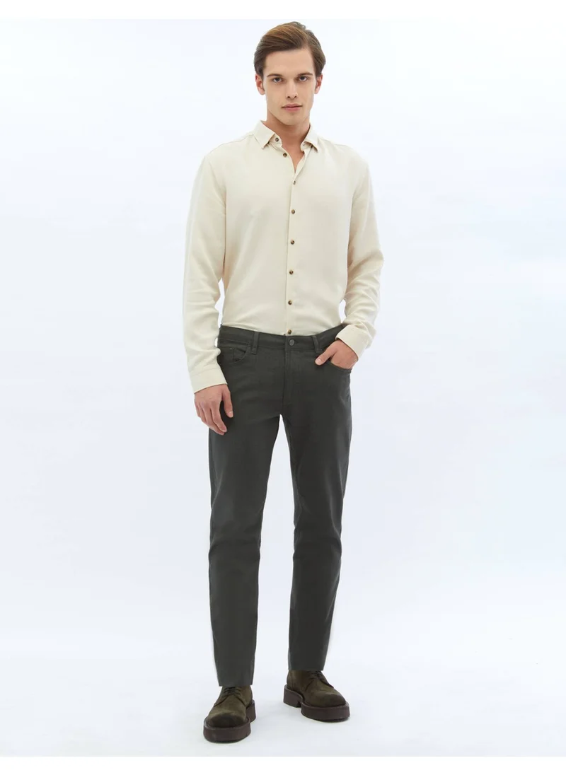 Kip Khaki Woven Slim Fit Casual Cotton Blend Trousers