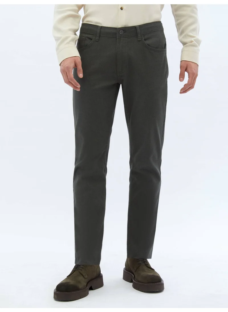 Kip Khaki Woven Slim Fit Casual Cotton Blend Trousers