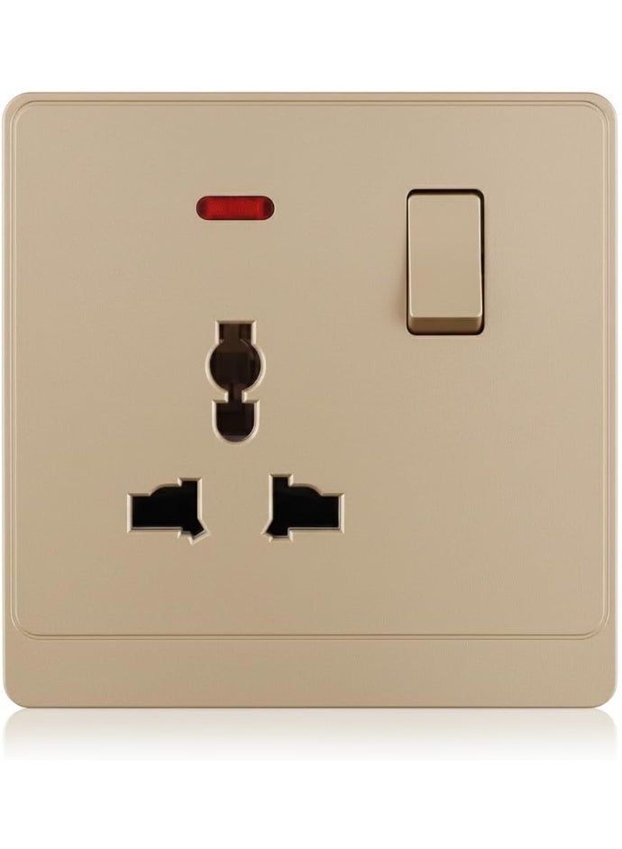 Admore 1 Gang Universal Wall Socket with Neon Indicator, PC Classic Range, Multi-Plug International Power Outlet, Gold - P-G422