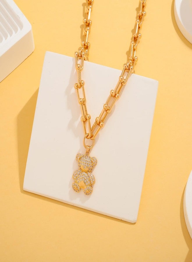 ليلي آند وايت قلادة ذهبية من ليلي آند وايت للنساء، مزينة بقلادة دب لطيفة، سلسلة سميكة، مطلية بالذهب، قلادة عصرية بسلسلة ذهبية، قلادة مشبك ورق، قلادة ذهبية أنيقة، هدية مجوهرات - Image 5