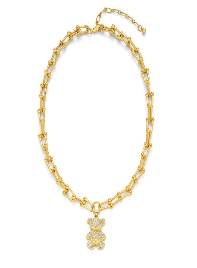 ليلي آند وايت قلادة ذهبية من ليلي آند وايت للنساء، مزينة بقلادة دب لطيفة، سلسلة سميكة، مطلية بالذهب، قلادة عصرية بسلسلة ذهبية، قلادة مشبك ورق، قلادة ذهبية أنيقة، هدية مجوهرات - Image 1