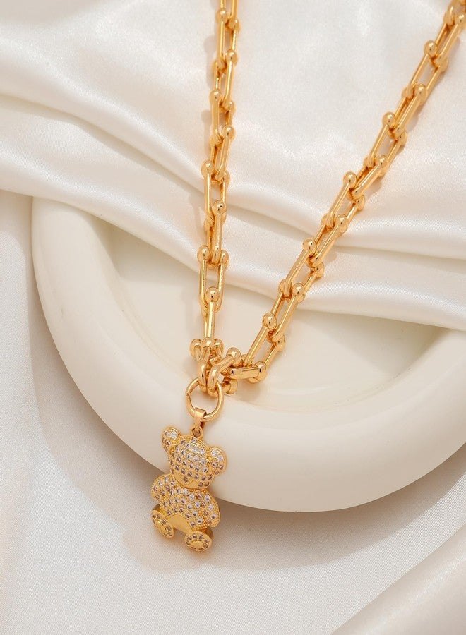 ليلي آند وايت قلادة ذهبية من ليلي آند وايت للنساء، مزينة بقلادة دب لطيفة، سلسلة سميكة، مطلية بالذهب، قلادة عصرية بسلسلة ذهبية، قلادة مشبك ورق، قلادة ذهبية أنيقة، هدية مجوهرات - Image 4