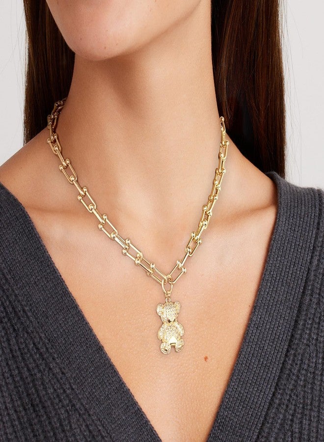 ليلي آند وايت قلادة ذهبية من ليلي آند وايت للنساء، مزينة بقلادة دب لطيفة، سلسلة سميكة، مطلية بالذهب، قلادة عصرية بسلسلة ذهبية، قلادة مشبك ورق، قلادة ذهبية أنيقة، هدية مجوهرات - Image 3