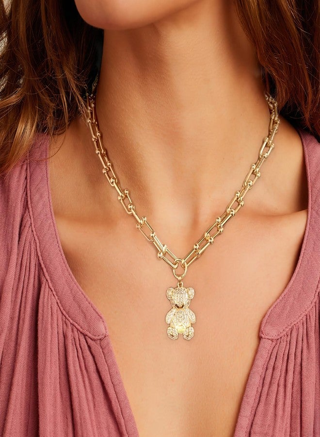 ليلي آند وايت قلادة ذهبية من ليلي آند وايت للنساء، مزينة بقلادة دب لطيفة، سلسلة سميكة، مطلية بالذهب، قلادة عصرية بسلسلة ذهبية، قلادة مشبك ورق، قلادة ذهبية أنيقة، هدية مجوهرات - Image 2