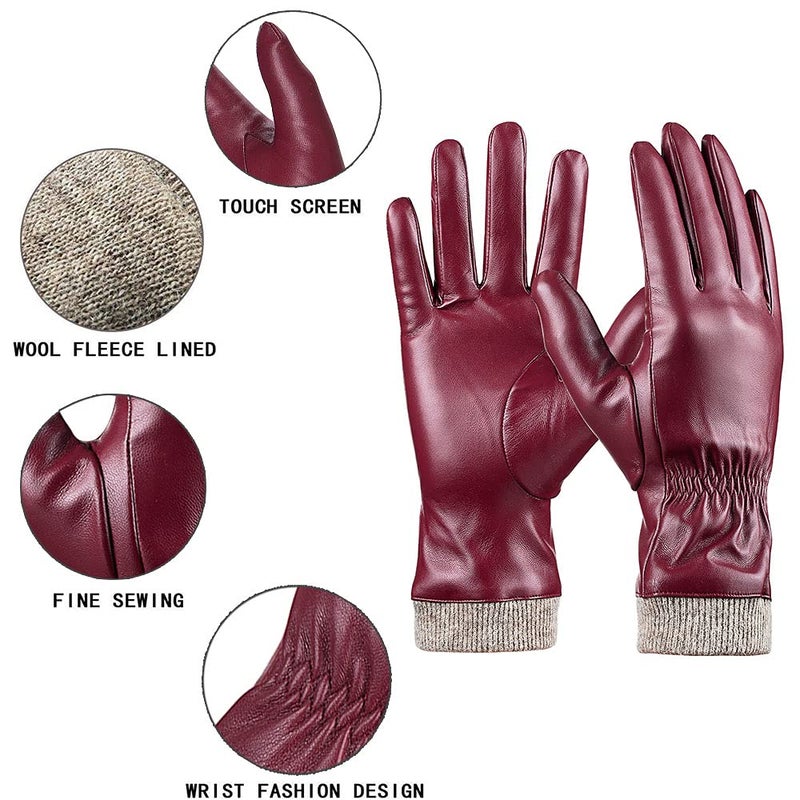REDESS Winter Leather Gloves for Women, Wool Fleece Lined Warm Gloves, Touchscreen Texting Thick Thermal Snow Driving Gloves - Image 3