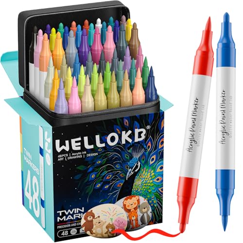 WELLOKB 80 Colors Dual Tip Acrylic Paint Markers, Fabric Markers, Brush Tip Permanent Acrylic Paint Pens for Wood, Glass, Rocks, Paper, Coloring book,Ceramic,DIY Crafts for Adults (48, Brush&Fine) - Image 1