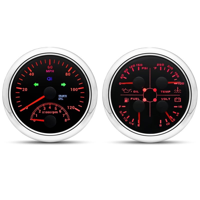 مجموعة عدادات السرعة GPS ARTILAURA 2 في 1 مع عداد دوران 4 في 1 ضغط الزيت درجة حرارة الماء مستوى الوقود جهد AUTO مجموعة عدادات للقوارب للسيارات البحرية باللونين الأسود والفضي