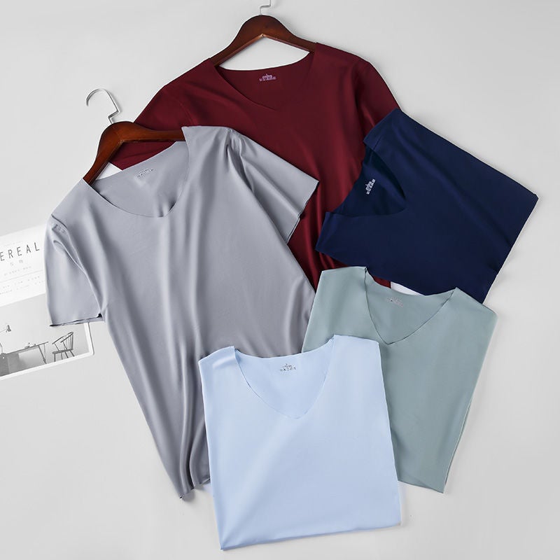 Summer Seamless 75D Ice Silk Short Sleeve T-Shirt Men'S Korean Solid Color V-Neck Seamless Breathable Quick-Drying Base Shirt Plus Size - Image 2