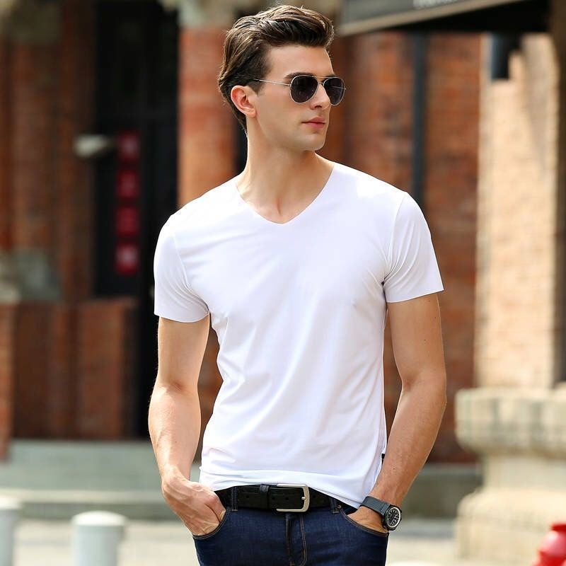 Summer Seamless 75D Ice Silk Short Sleeve T-Shirt Men'S Korean Solid Color V-Neck Seamless Breathable Quick-Drying Base Shirt Plus Size - Image 5