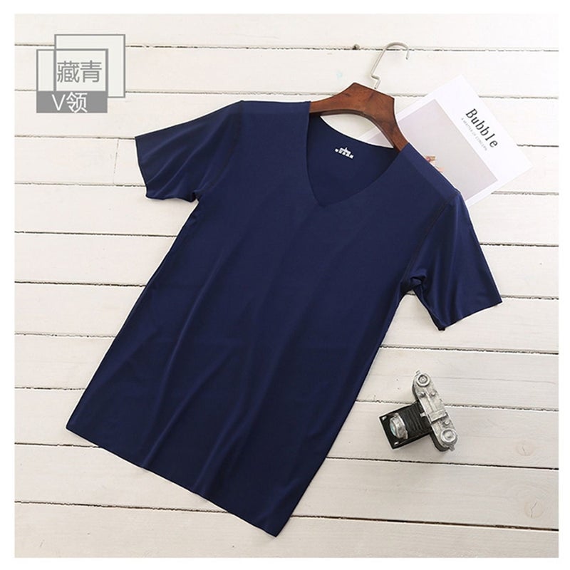 Summer Seamless 75D Ice Silk Short Sleeve T-Shirt Men'S Korean Solid Color V-Neck Seamless Breathable Quick-Drying Base Shirt Plus Size - Image 1