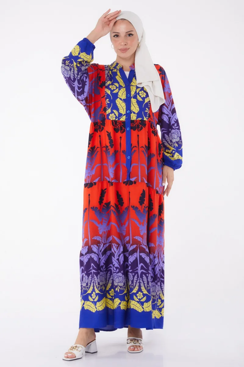 Tofisa Plain Judge Collar Women's Blue Buttoned Patterned Dress - 26044