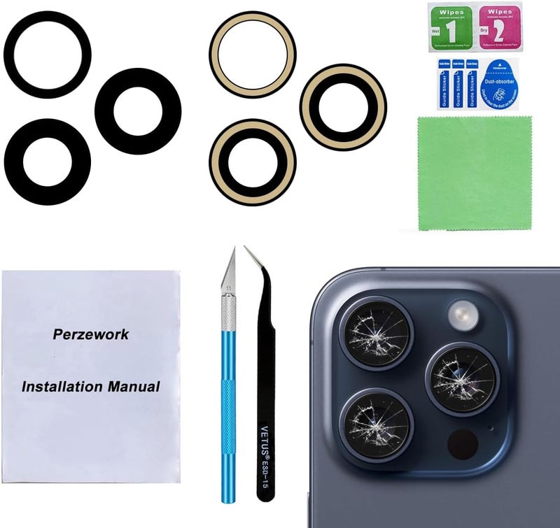 Perzework مجموعة عدسة كاميرا خلفية زجاجية بديلة 2 قطعة لجهاز آيفون 15 برو ماكس مع مجموعة أدوات الإصلاح - Image 1