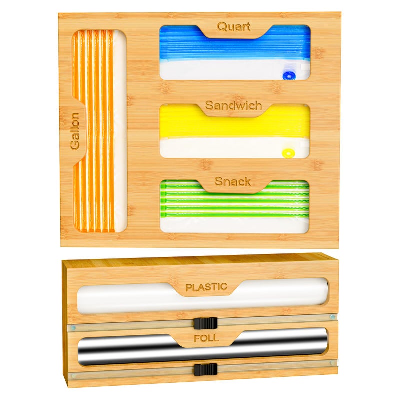KOCWELL Bamboo Bag Storage Organizer - 2 Wrap Dispenser with Cutter & 4 Slots Food Storage Bags Container - Kitchen Drawer Plastic Bags Storage Organization for Gallon Quart Sandwich Snack Bags - Image 1