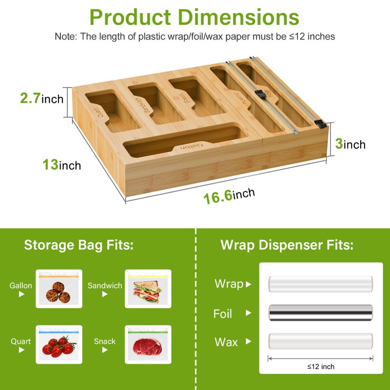KOCWELL Bamboo Bag Storage Organizer - 2 Wrap Dispenser with Cutter & 4 Slots Food Storage Bags Container - Kitchen Drawer Plastic Bags Storage Organization for Gallon Quart Sandwich Snack Bags - Image 3