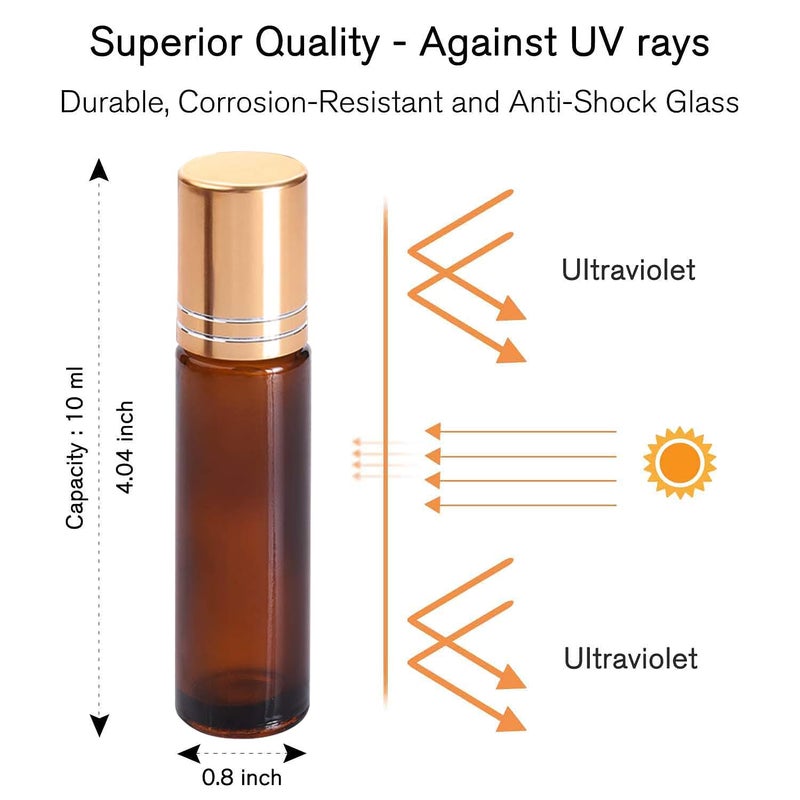 PrettyCare 4 Pack, 10 ml Essential Oil Roller Bottles with Stainless Steel Roller Ball - Refillable Leak-proof Empty Thick Amber Glass Roll on Bottles with Metal Caps for Travel, Perfume - Image 2