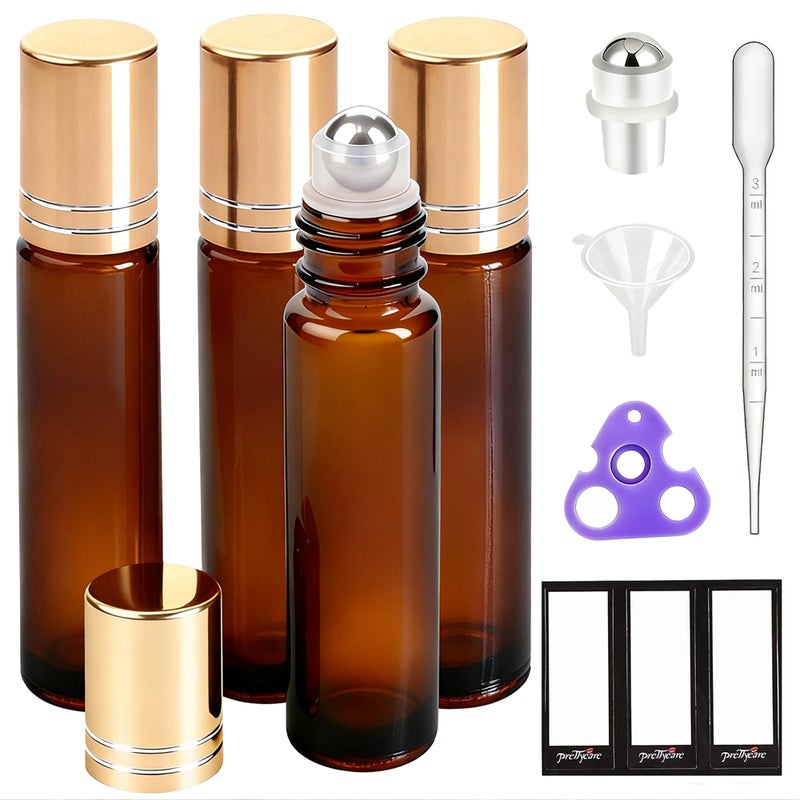 PrettyCare 4 Pack, 10 ml Essential Oil Roller Bottles with Stainless Steel Roller Ball - Refillable Leak-proof Empty Thick Amber Glass Roll on Bottles with Metal Caps for Travel, Perfume - Image 1