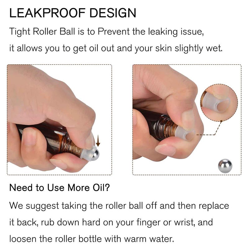 PrettyCare 4 Pack, 10 ml Essential Oil Roller Bottles with Stainless Steel Roller Ball - Refillable Leak-proof Empty Thick Amber Glass Roll on Bottles with Metal Caps for Travel, Perfume - Image 4