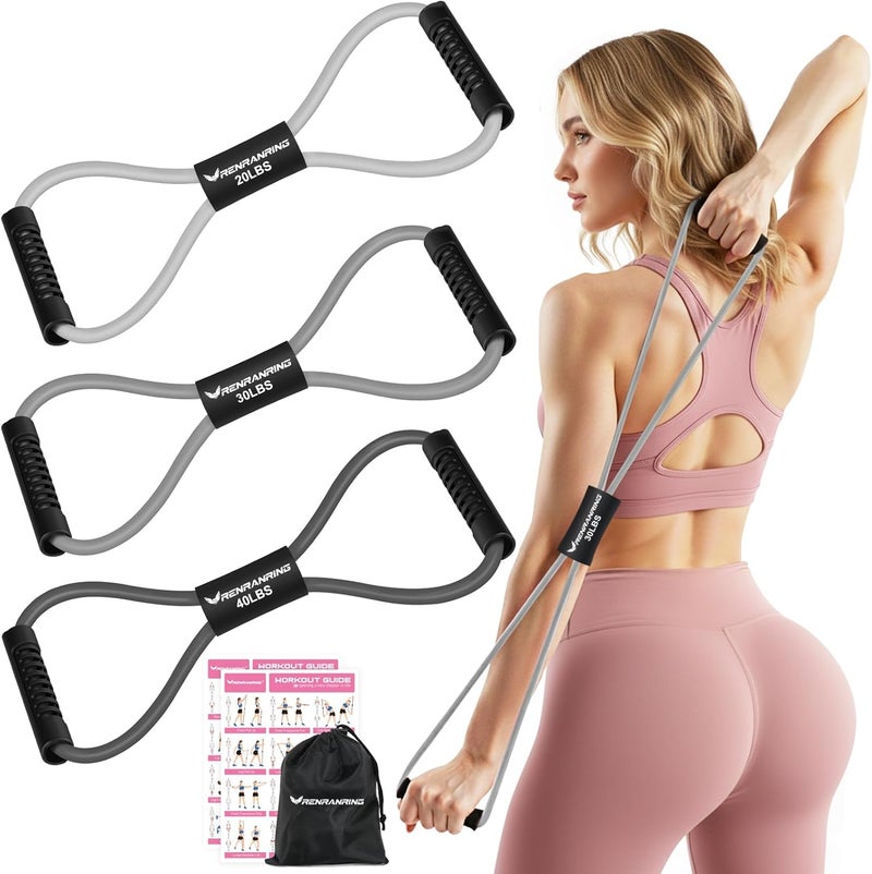 RENRANRING Figure 8 Fitness Resistance Bands with Handles - Exercise Tube Band Set of 3 for Arm and Shoulder Stretch, Rope 8 Word Elastic for Women and Men - Image 1