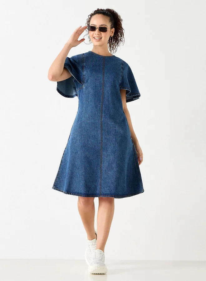 Lee Cooper Lee Cooper Denim A-line Cotton Dress with Round Neck and Pocket