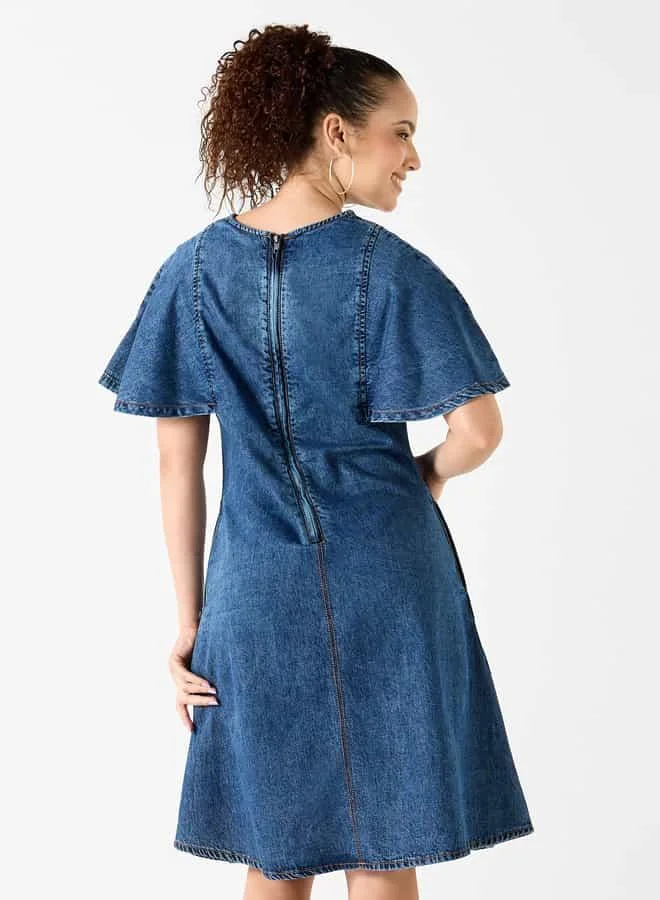 Lee Cooper Lee Cooper Denim A-line Dress with Round Neck and Pocket
