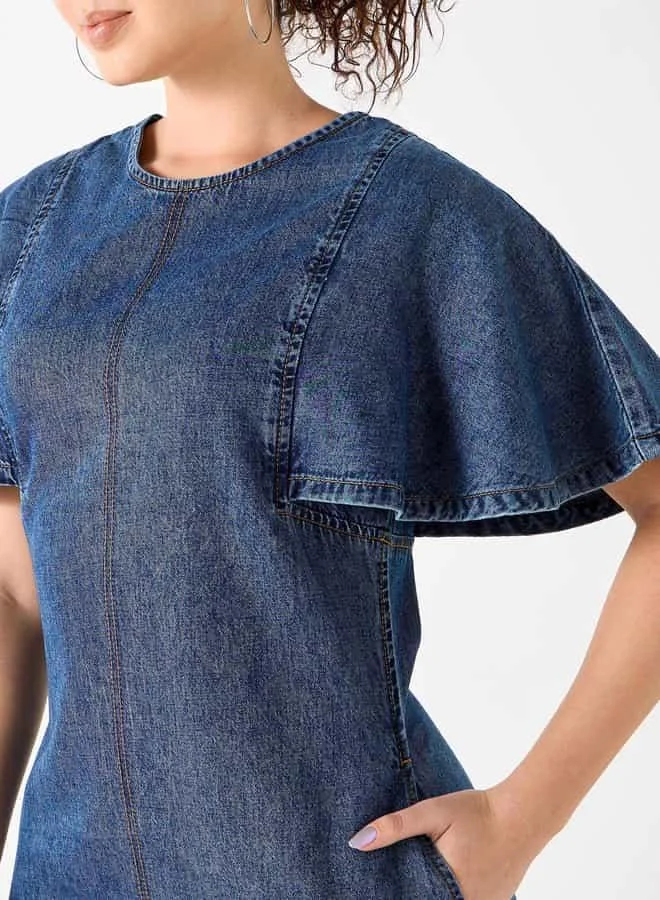 Lee Cooper Lee Cooper Denim A-line Dress with Round Neck and Pocket