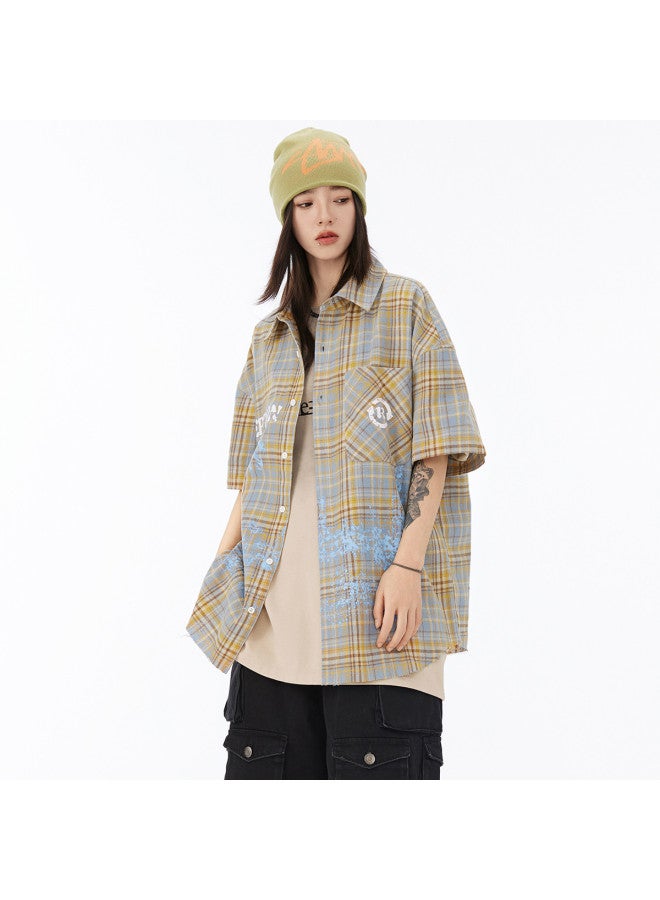 EPTISON summer Shirt With Paint Letter Print, Plaid Loose Short Sleeve Shirt For Men, Commuting Jacket - Image 5