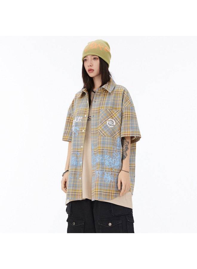 EPTISON summer Shirt With Paint Letter Print, Plaid Loose Short Sleeve Shirt For Men, Commuting Jacket - Image 4