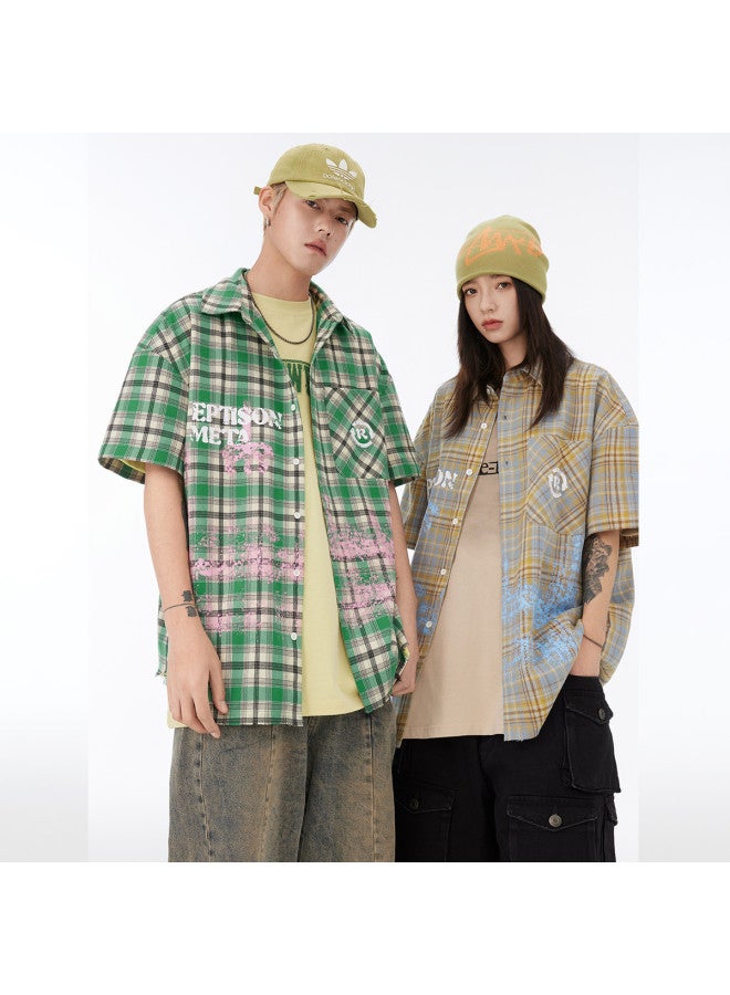 EPTISON summer Shirt With Paint Letter Print, Plaid Loose Short Sleeve Shirt For Men, Commuting Jacket - Image 3
