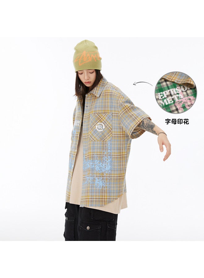 EPTISON summer Shirt With Paint Letter Print, Plaid Loose Short Sleeve Shirt For Men, Commuting Jacket - Image 2