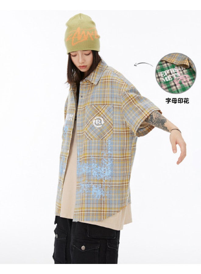 EPTISON summer Shirt With Paint Letter Print, Plaid Loose Short Sleeve Shirt For Men, Commuting Jacket - Image 1