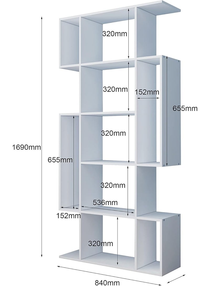 Bookshelf, Living Room Bookcase 5 Tier Bookcase Storage Stand Rack Shelf for Home Office Study S-Shaped (White) - Image 2