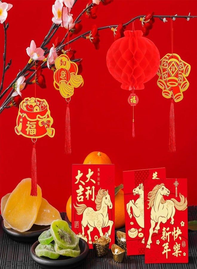 Natalolo Chinese New Year Decoration 2026 Lunar Happy Horse, 66 Pcs Ornaments Set Red Envelopes Hongbao Paper Red Lantern Couplets Banner Lucky Hanging Ornaments Fu Spring Festival Gift Vietnamese Decoration - Image 4