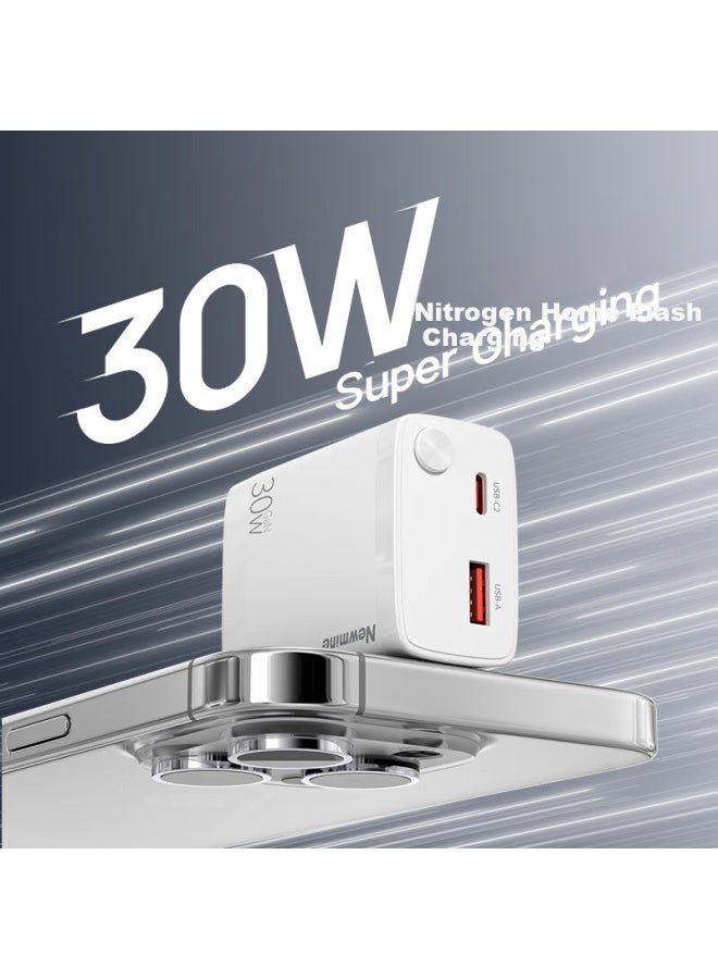Newmine Gan 30W Charger With Usb/Type-C Dual Port Fast Charging Head + Type-C Retractable Cable Set White - Image 4