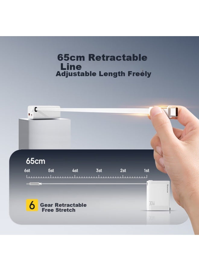 Newmine Gan 30W Charger With Usb/Type-C Dual Port Fast Charging Head + Type-C Retractable Cable Set White - Image 5