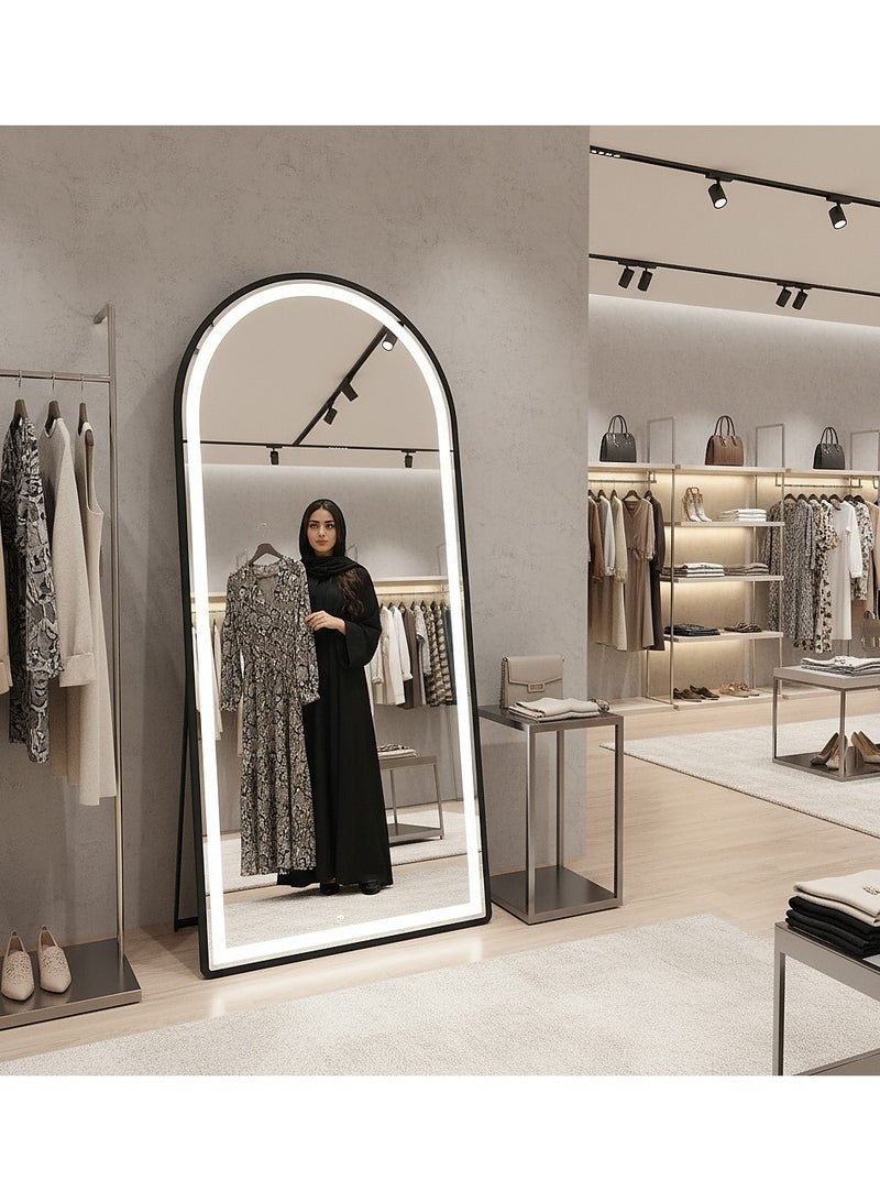 Y&D Arched Full Length Mirror with Lights 160x60cm LED Full Length Mirror with Stand Full Body Wall Mounted Hanging Mirror for Bedroom Dimming Hair Salon Clothing Store & 3 Color Lighting (Black 160x60cm ) - Image 1