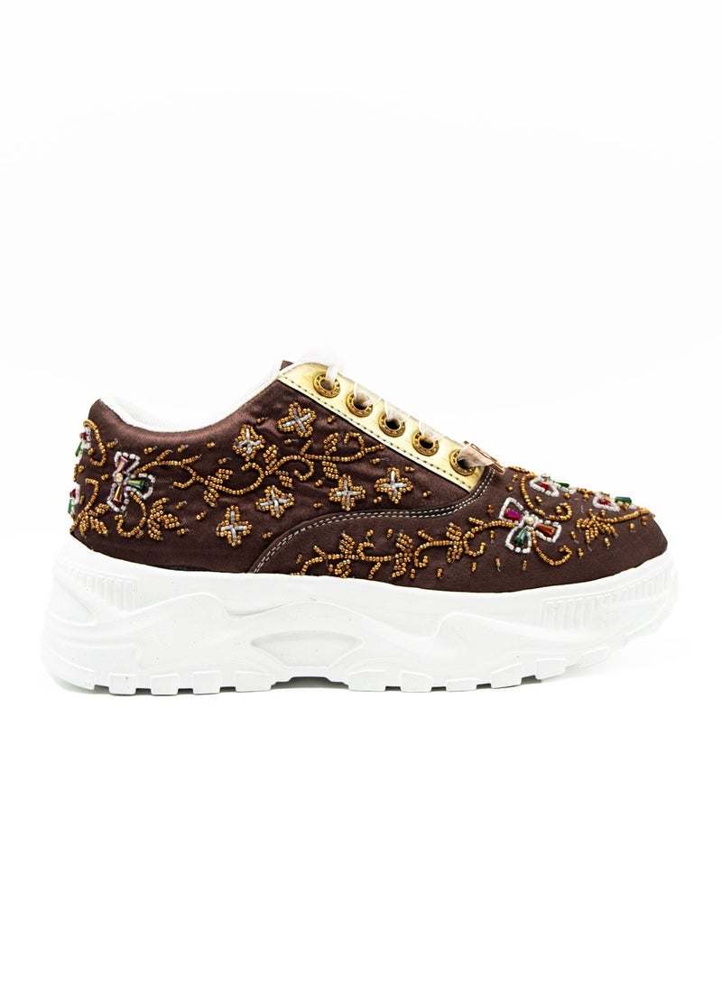 RETTROSE Women’s Brown Luxury Satin Hand-Embellished Trainers with Golden Bead Detailing – RETTROSE RR1008  - Image 1