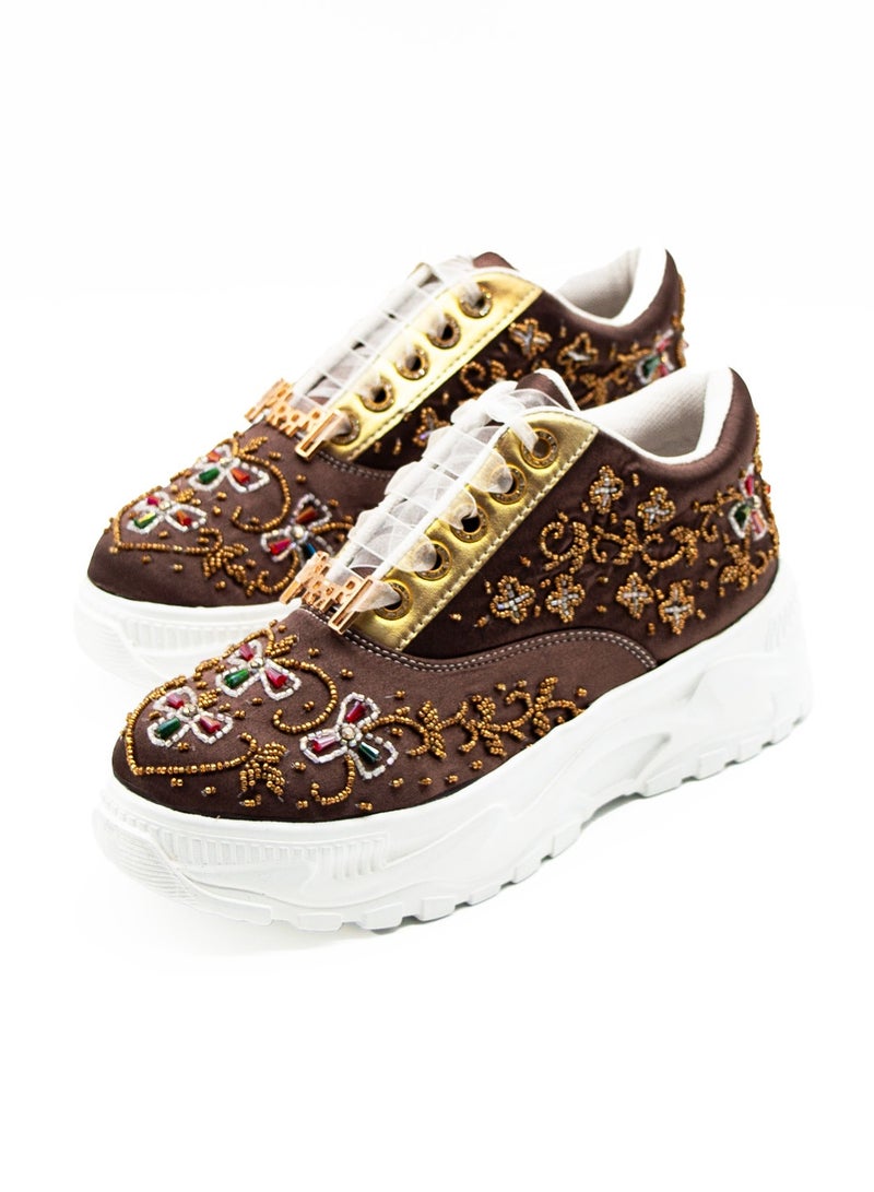 RETTROSE Women’s Brown Luxury Satin Hand-Embellished Trainers with Golden Bead Detailing – RETTROSE RR1008  - Image 2
