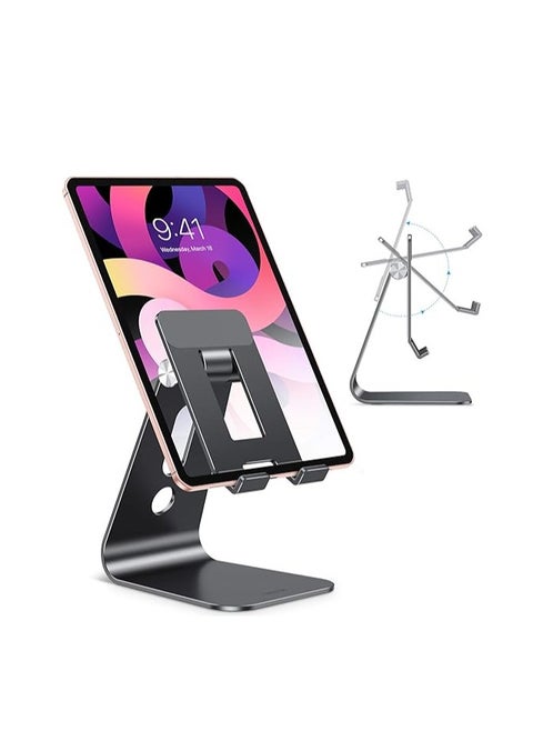 Adjustable Tablet Stand for Desk, Upgraded Longer Arm for Great Stability, OMOTON T2 Tablet Phone Stand Holder with Hollow Design for Bigger Sized Phones and Tablets Such as iPad Pro/Air/Mini, Black